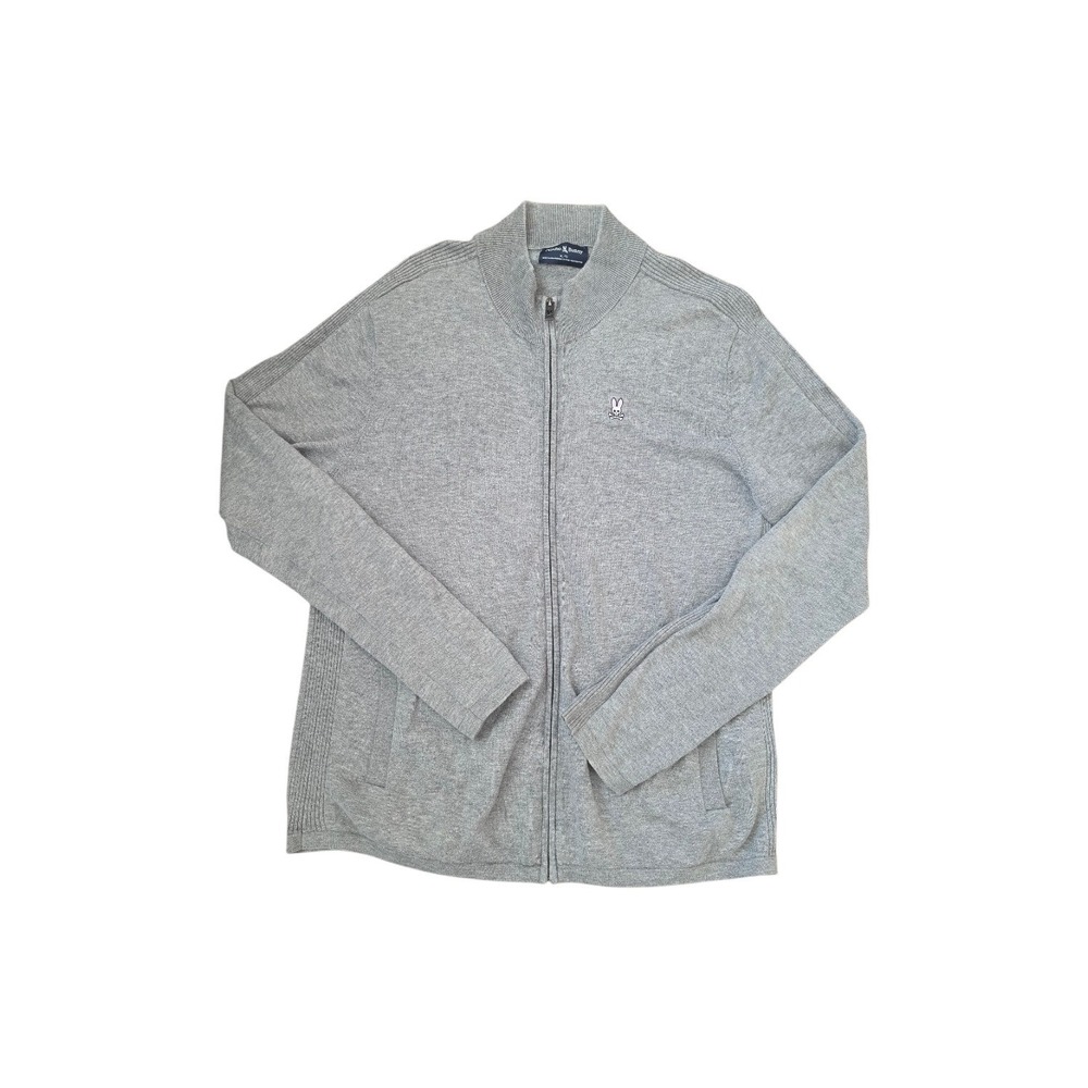 Psycho Bunny Cotton Merino Blend Gray Embroidered Logo Full Zip Sweater sz XL TG